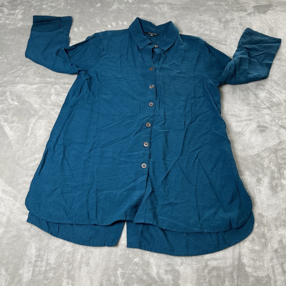 John Mark Size M 100% Linen Top Blue Button Shirt 3/4 Sleeves